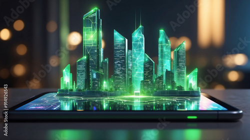 Digital hologram of green city with skyscrapers, neons and tablet. Virtual reality and metaverse. Smart eco modern city, digital data