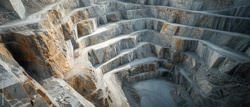 Aerial view of a marble quarry showcasing vast stone terraces and geometric patterns with a serene backdrop