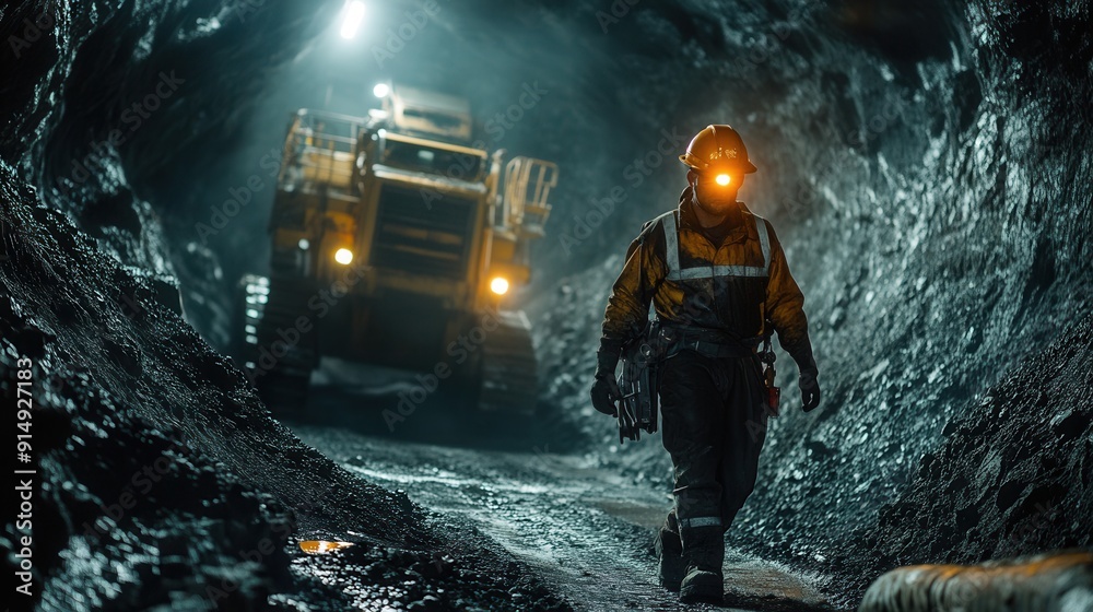 Rugged miner working deep underground amidst a network of tunnels with powerful machinery dramatic lighting highlighting hard work and determination Rugged miner working deep underground amidst a network of tunnels with powerful machinery dramatic lighting highlighting hard work and determination