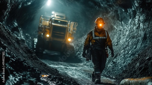 Rugged miner working deep underground amidst a network of tunnels with powerful machinery dramatic lighting highlighting hard work and determination photo