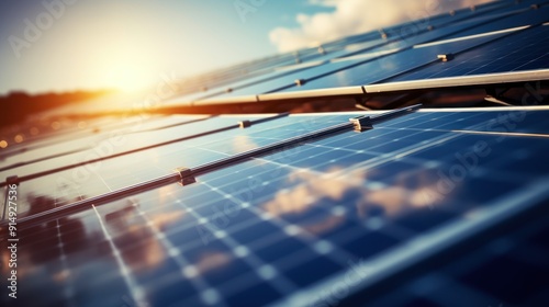 Shiny solar panels on a rooftop reflecting sunlight  photo