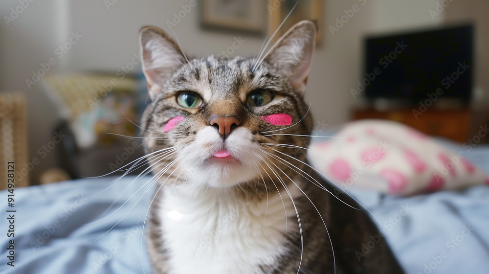Tabby Cat with Pink Cheek Marks Close-Up Tabby Cat with Pink Cheek Marks Close-Up