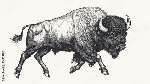 Black and white Vintage engraved art of a bison charging sideways, isolated on white background, ink sketch illustration, simple vector art design, highly detailed line art, high contrasty 