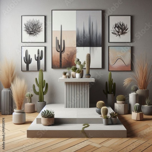 Modern Art Gallery: Abstract art pieces on thewalls, with succulents and cacti around thepodium photo