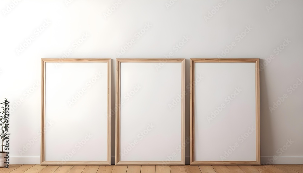 A white wall with three empty wooden frames, standing on a wooden floor A white wall with three empty wooden frames, standing on a wooden floor