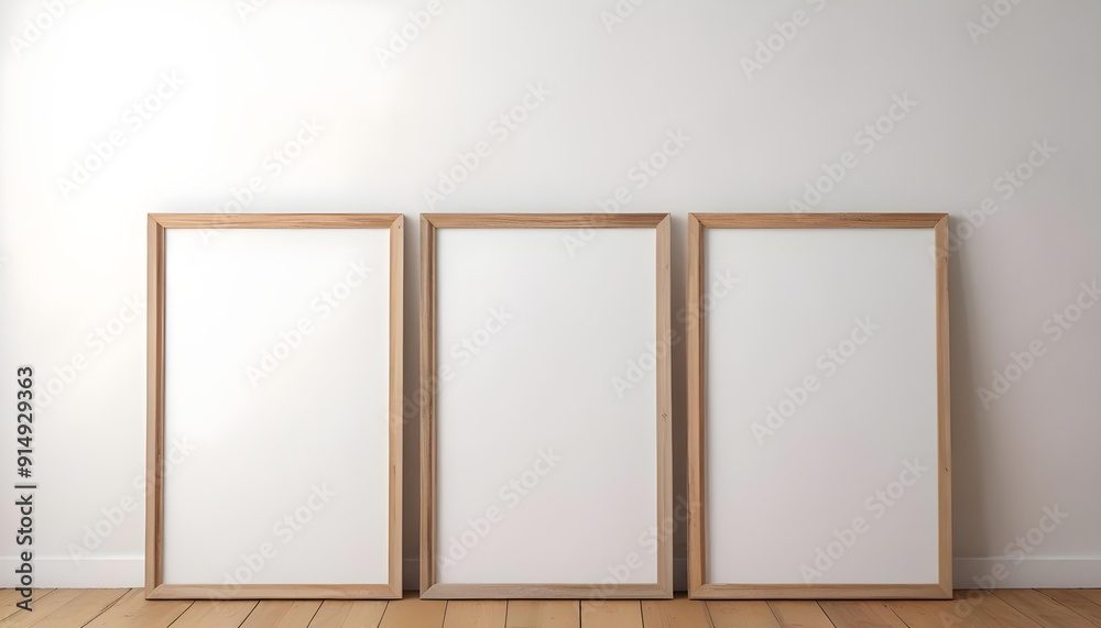A white wall with three empty wooden frames, standing on a wooden floor A white wall with three empty wooden frames, standing on a wooden floor