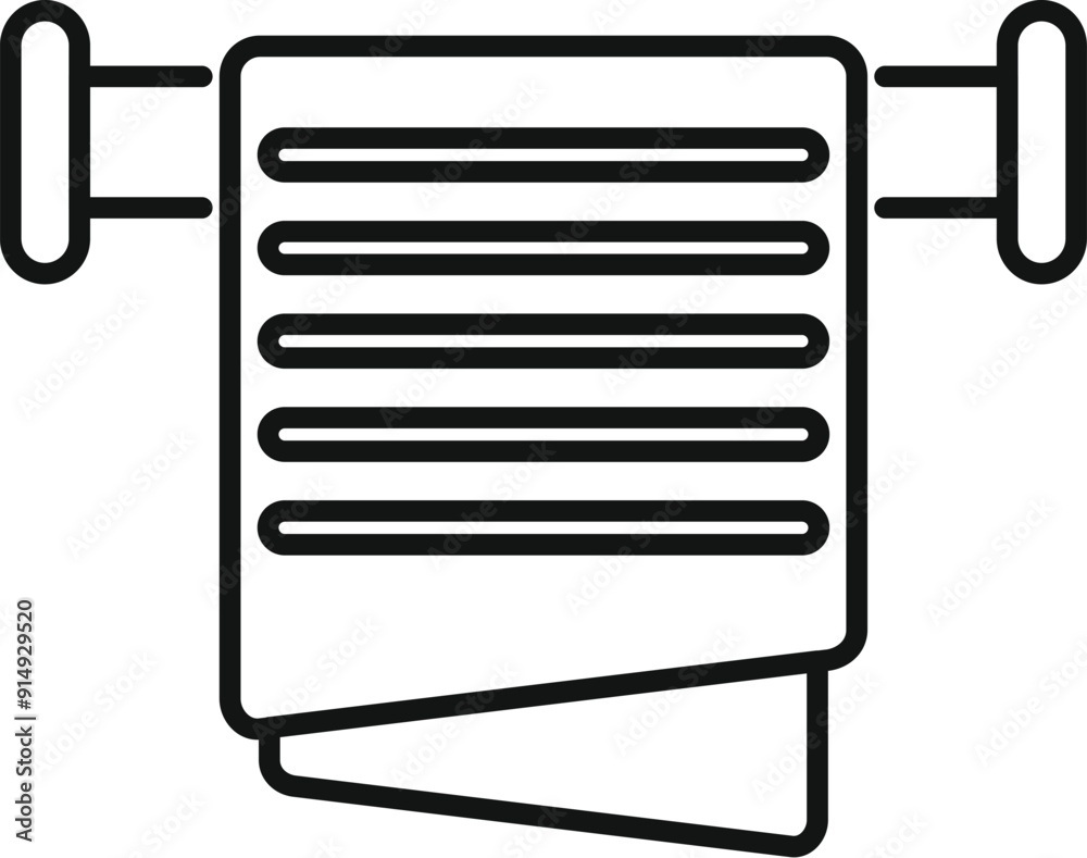 Line icon of a clean towel hanging on a towel bar, ready for use after showering or washing hands Line icon of a clean towel hanging on a towel bar, ready for use after showering or washing hands