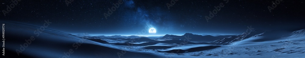 Obraz premium Majestic Milky Way Over Vast Desert Dunes: Starry Night Sky Illuminates Pristine Landscape. Cosmic Solitude Captured in Wide-Angle, Long Exposure Astrophotography. Ethereal Moonlit Scene for Nature, S