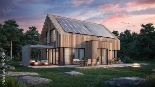 Modern wooden house design with solar panels on the roof 3D illustration