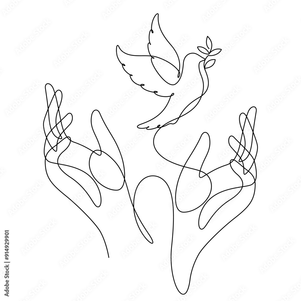 white dove with olive branch and caring hands one line