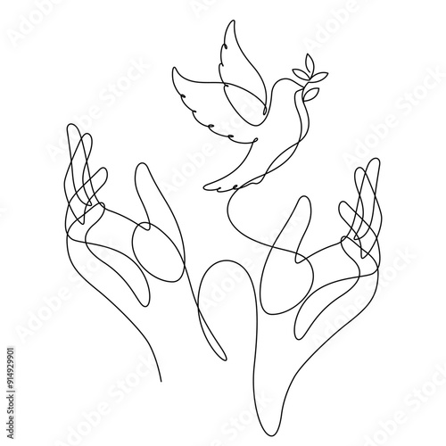 white dove with olive branch and caring hands one line