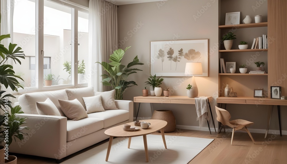 A modern and cozy living room with a beige sofa, a wooden coffee table, a potted plant, and framed artwork on the wall. A modern and cozy living room with a beige sofa, a wooden coffee table, a potted plant, and framed artwork on the wall.