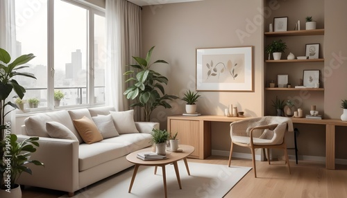 A modern and cozy living room with a beige sofa, a wooden coffee table, a potted plant, and framed artwork on the wall. 