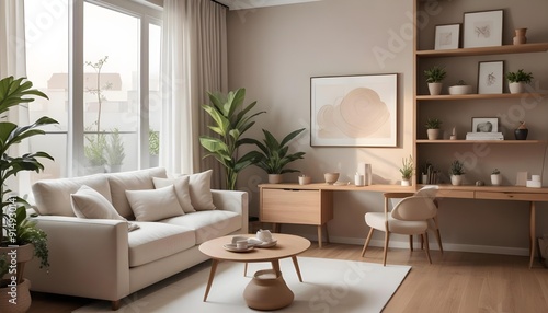 A modern and cozy living room with a beige sofa, a wooden coffee table, a potted plant, and framed artwork on the wall. 