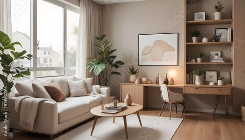 A modern and cozy living room with a beige sofa, a wooden coffee table, a potted plant, and framed artwork on the wall. 