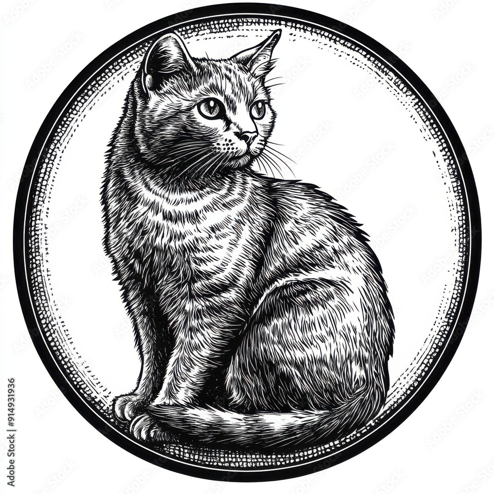 Black and white Vintage engraved art of a Russian Blue cat in a ...