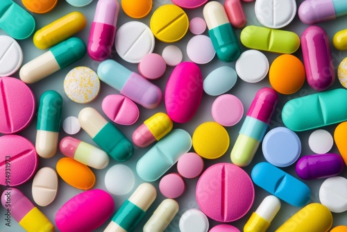 Vibrant Assortment of Colorful Medication Pills and Tablets Detailed for Medical and Pharmaceutical Themed Content