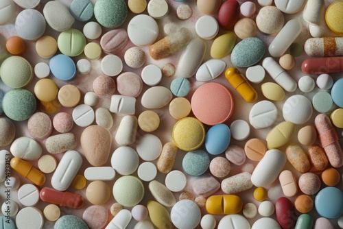 Vibrant Assortment of Colorful Medication Pills and Tablets Detailed for Medical and Pharmaceutical Themed Content