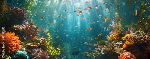 Endangered marine life thriving among unique underwater flora, flora food chain endangered, marine food web