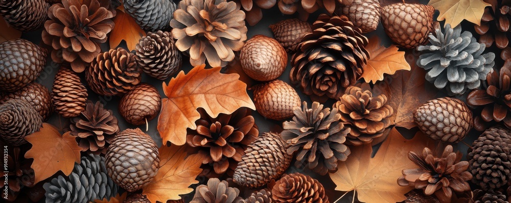 A beautiful arrangement of pine cones and autumn leaves, showcasing rich textures and warm earthy tones, perfect for seasonal decor. A beautiful arrangement of pine cones and autumn leaves, showcasing rich textures and warm earthy tones, perfect for seasonal decor.