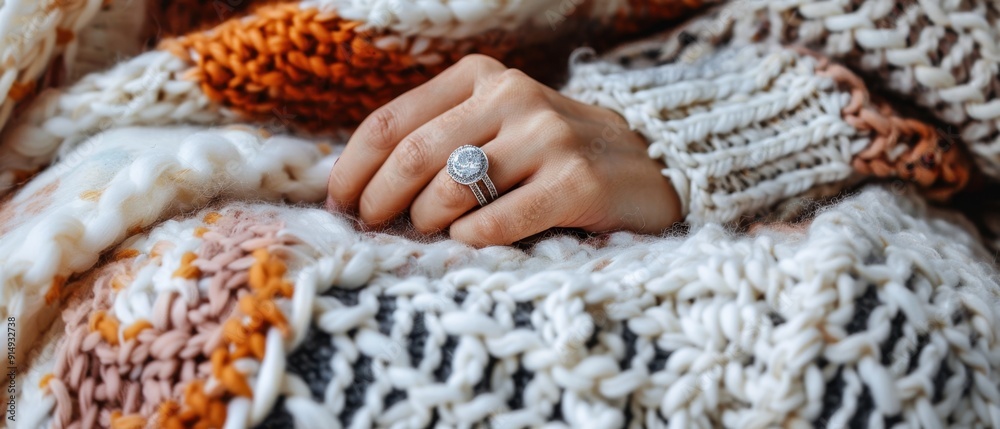 Close-up of a hand with an engagement ring resting on colorful knitted blankets, depicting comfort and warmth. Close-up of a hand with an engagement ring resting on colorful knitted blankets, depicting comfort and warmth.
