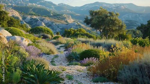 Mediterranean landscape with reintroduced native shrubs and herbs, landscape biomes restoration, Mediterranean restoration photo