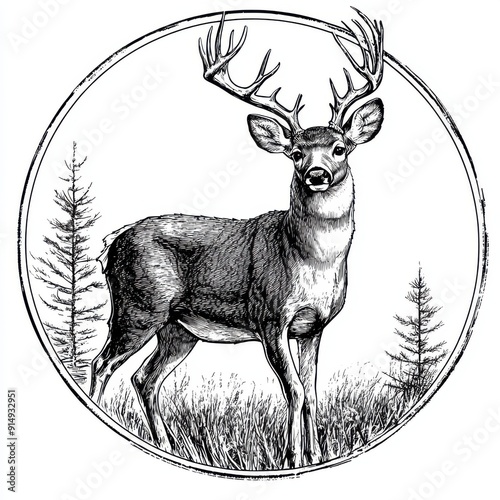 Black and white Vintage engraved art of a white-tailed deer in a circular stamp logo style, isolated on white background, ink sketch illustration, simple vector art design, highly detailed line art