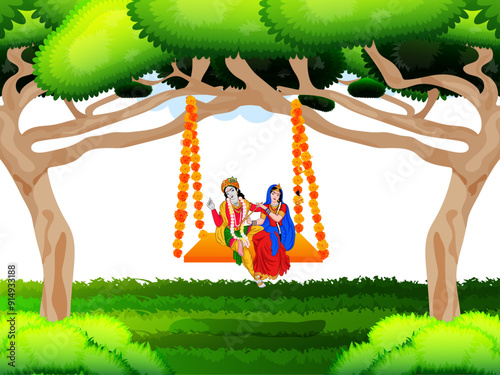 Vector illustration of Lord Krishna and Radha sitting on swing