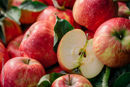 Close Up of Fresh Red Apples with Green Leaves - Photo