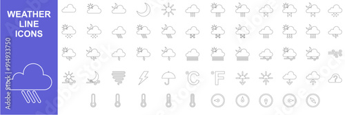 Weather forecast line icon symbol, overcast The set contains icons: Sun, Moon, Cloud, Winter, Summer, Rain, Snow, Blizzard, Umbrella, Snowflake, Sunrise, Wind, thunder, fog, thermometer, tornado	