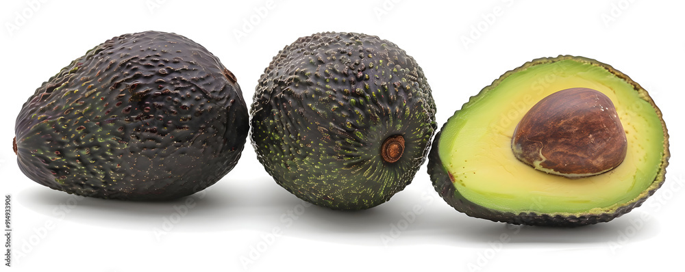 Avocado Halved and Whole, Realistic Food Image Avocado Halved and Whole, Realistic Food Image