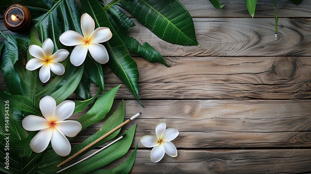Obraz premium Create a serene spa-themed image with green tropical leaves, a burning incense stick, and white frangipani flowers arranged on a wooden surface