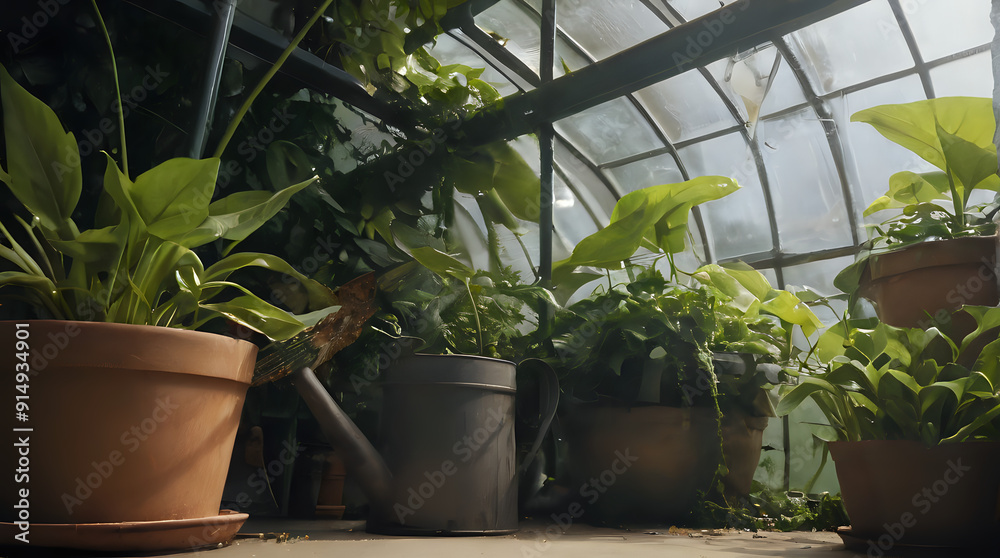 a many potted plants in a greenhouse with a window a many potted plants in a greenhouse with a window