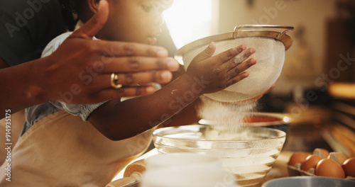 Canvas-taulu Education, girl and hands in kitchen for baking, recipe or sifting organic flour at home
