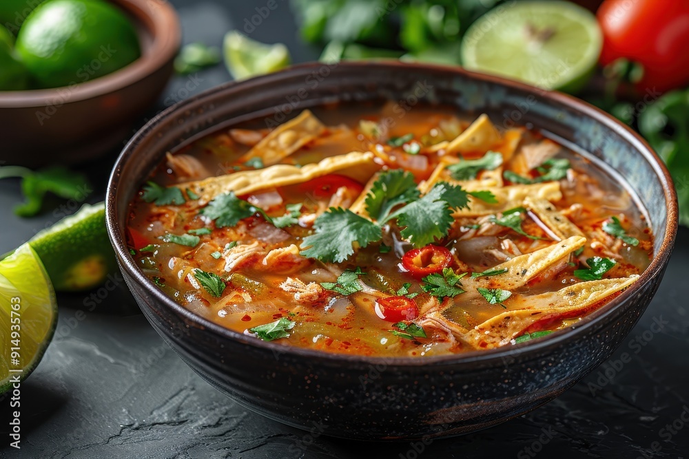 Delicious Authentic Mexican Tortilla Soup with Fresh Cilantro and Lime Wedges Delicious Authentic Mexican Tortilla Soup with Fresh Cilantro and Lime Wedges