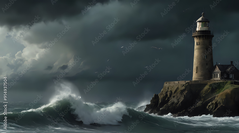 stormy sky over a lighthouse on a rocky cliff with waves stormy sky over a lighthouse on a rocky cliff with waves