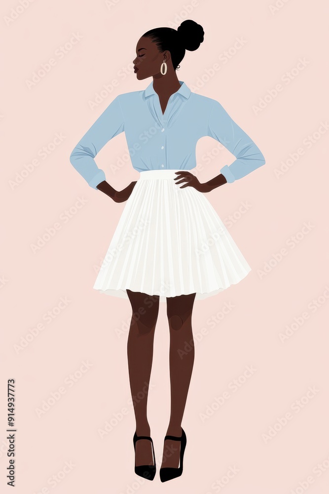 Minimalism illustration, a Black woman, wearing a blue button-down shirt with a white pleated skirt and black slingback shoes, with her hands on her hips, chic fashion, boho, flat illustration Minimalism illustration, a Black woman, wearing a blue button-down shirt with a white pleated skirt and black slingback shoes, with her hands on her hips, chic fashion, boho, flat illustration