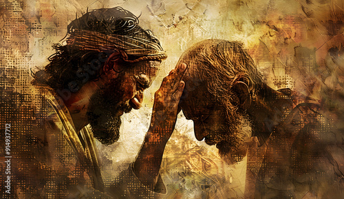 Blind Bartimaeus Receives Sight Jesus. Inspirational bible verse. Grunge design