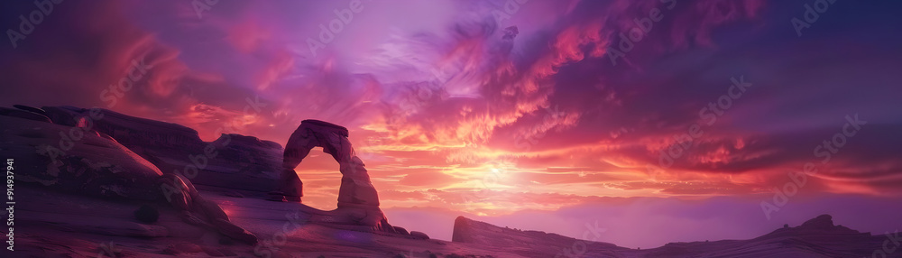 Fototapeta premium Stunning Sunset Over a Natural Arch in Desert Landscape - Realistic Photo
