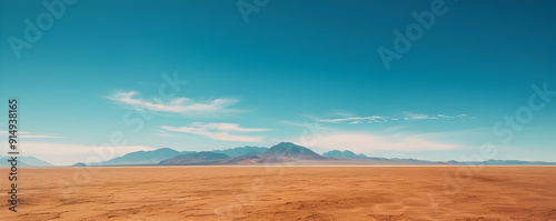 Vast Desert Landscape with Blue Sky and Mountain Range - Realistic Image