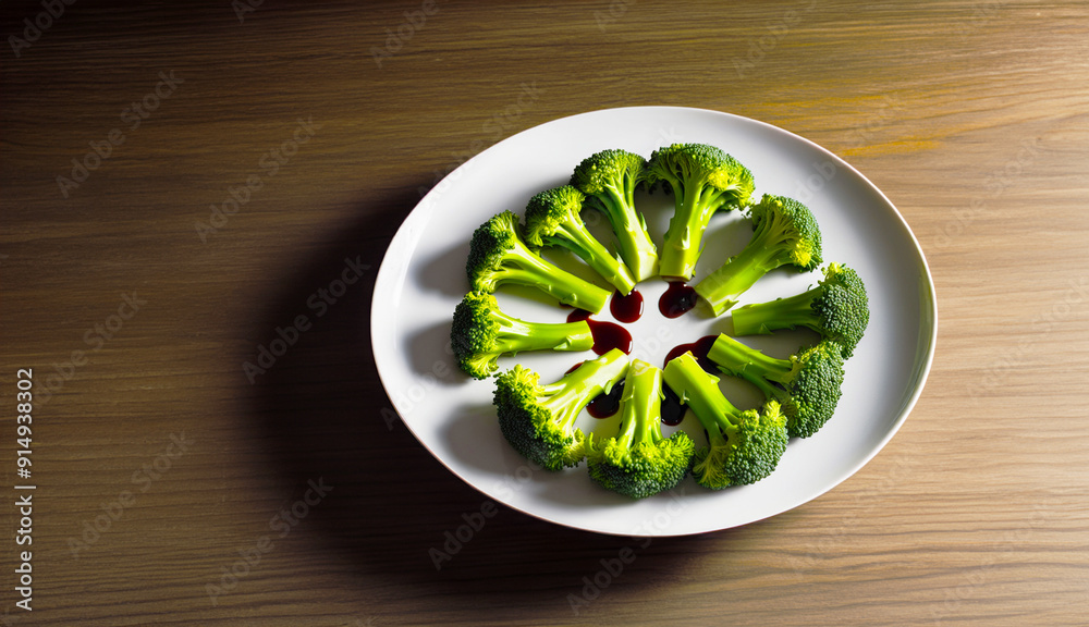 Steamed broccoli florets arranged on a white plate Steamed broccoli florets arranged on a white plate