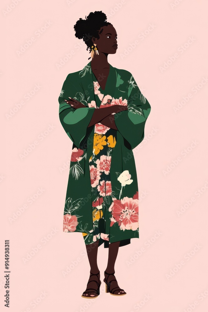 Minimalism illustration, a Black woman, wearing a green kimono with a floral dress and strappy sandals, with her arms crossed, bohemian fashion, boho, flat illustration on light pink background Minimalism illustration, a Black woman, wearing a green kimono with a floral dress and strappy sandals, with her arms crossed, bohemian fashion, boho, flat illustration on light pink background