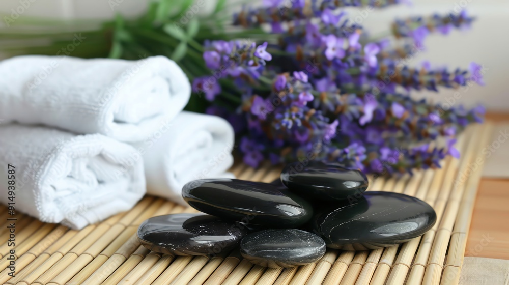 Design a calming spa scene with lavender flowers, neatly folded white towels, and smooth black stones arranged on a bamboo mat Design a calming spa scene with lavender flowers, neatly folded white towels, and smooth black stones arranged on a bamboo mat