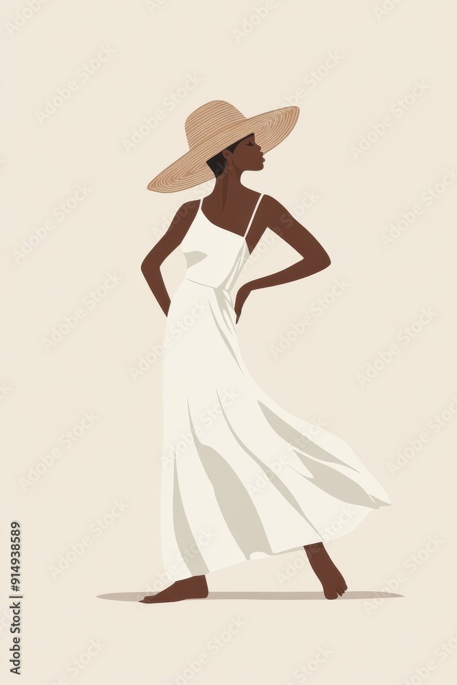 Minimalism illustration, a Black woman, wearing a recycled cotton maxi dress with a straw hat, standing with one hand on her hip, eco-friendly fashion, boho, flat illustration on light taupe Minimalism illustration, a Black woman, wearing a recycled cotton maxi dress with a straw hat, standing with one hand on her hip, eco-friendly fashion, boho, flat illustration on light taupe