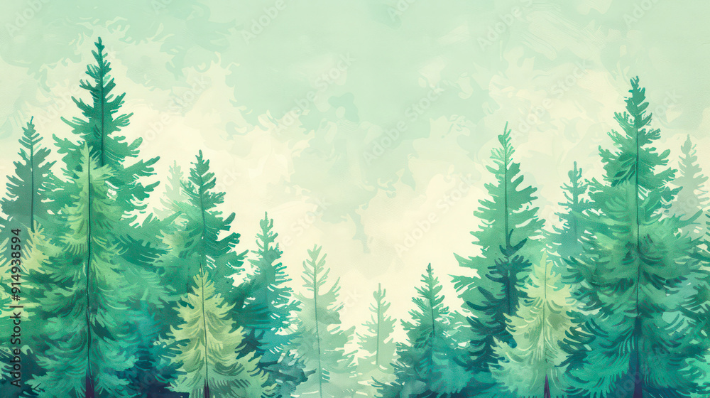 Obraz premium Water color painted mountain scape with fir trees. Generative AI
