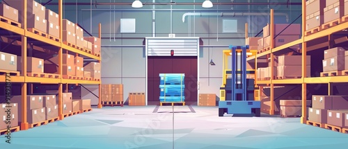 Modern warehouse interior with shelves, boxes, and forklift. Industrial storage facility. Logistic and supply chain management concept.