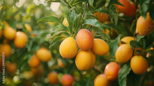 A bunch of mangoes hanging from a branch 