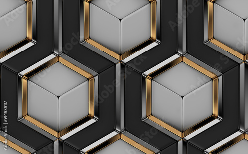 3D tiles made of white and black elements and gold with silver metal decors photo