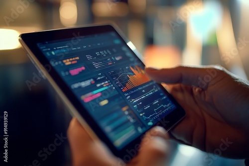 A person interacts with a tablet showcasing a complex data dashboard, highlighting analytics and metrics in a contemporary workspace setting