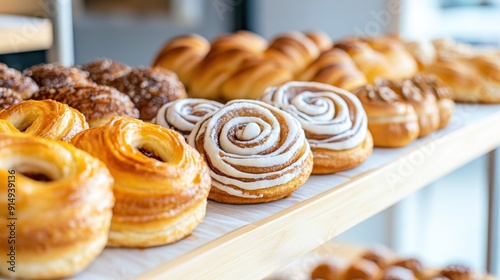 Freshly Baked Cinnamon Rolls and Pastries on a Wooden Shelf.